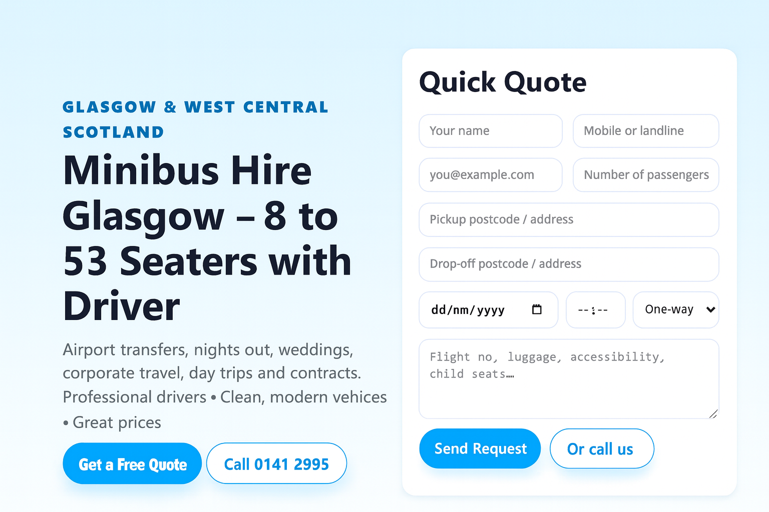 Responsive website for Glasgow minibus and coach hire with online quote form