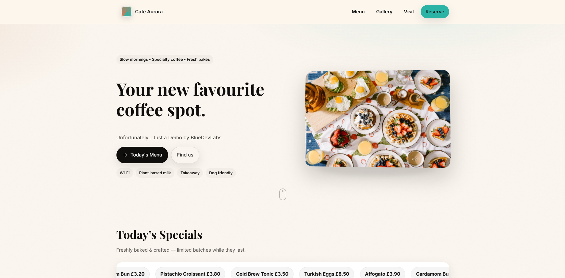 Café Aurora single-page cafe website demo with specials marquee and slider