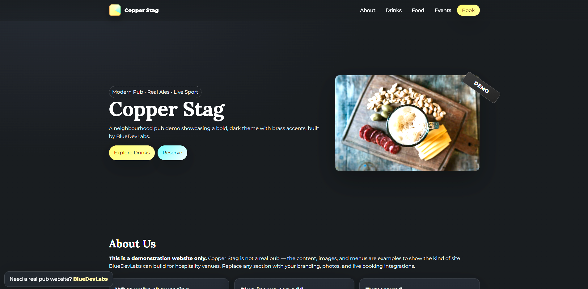 Copper Stag one-page pub website demo with events timeline and menus